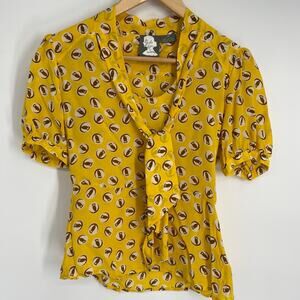 Anthropologie Girls From Savoy Top 2 Silk Owl Print Neck Tie Feminine Romantic